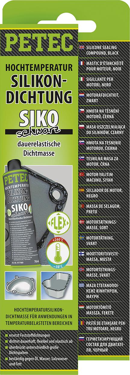 371794.jpg PETEC Vysokoteplotné silikónové tesnenie SIKO, trvalo pružné čierne - 70ml tuba blistrová
